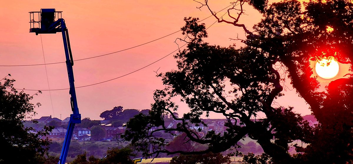 A boom lift and tree silhouettes against a hazy red sunset