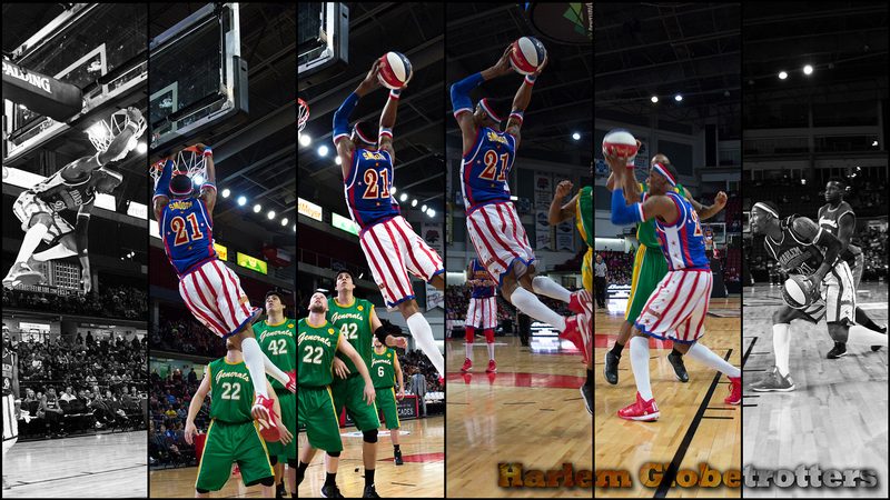 Composite sequence of a Harlem Globetrotters player driving to the hoop past defenders