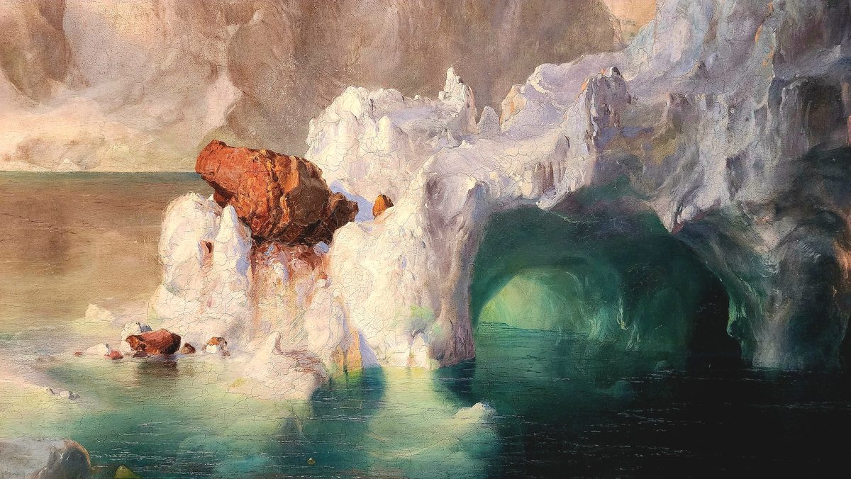Detail of a painting of icebergs and a shipwreck in an art museum