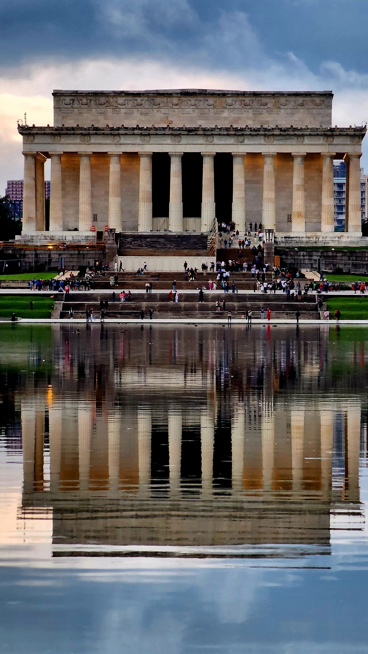 Vertical view of the Lincoln Memorial and its perfect reflection at dusk