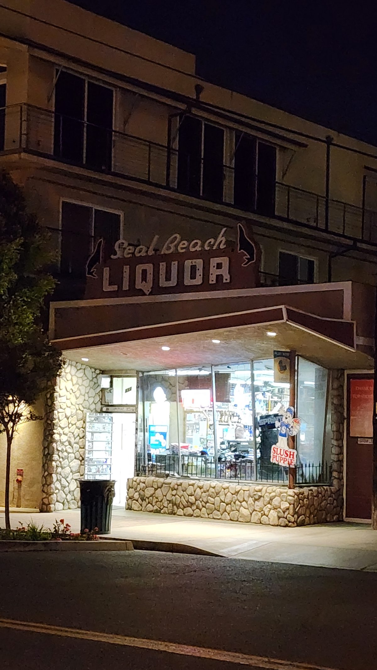 A small corner liquor store glowing under neon signs at night