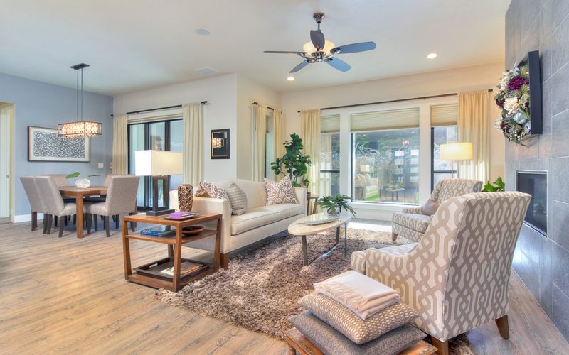Open living and dining area with a ceiling fan and soft natural light
