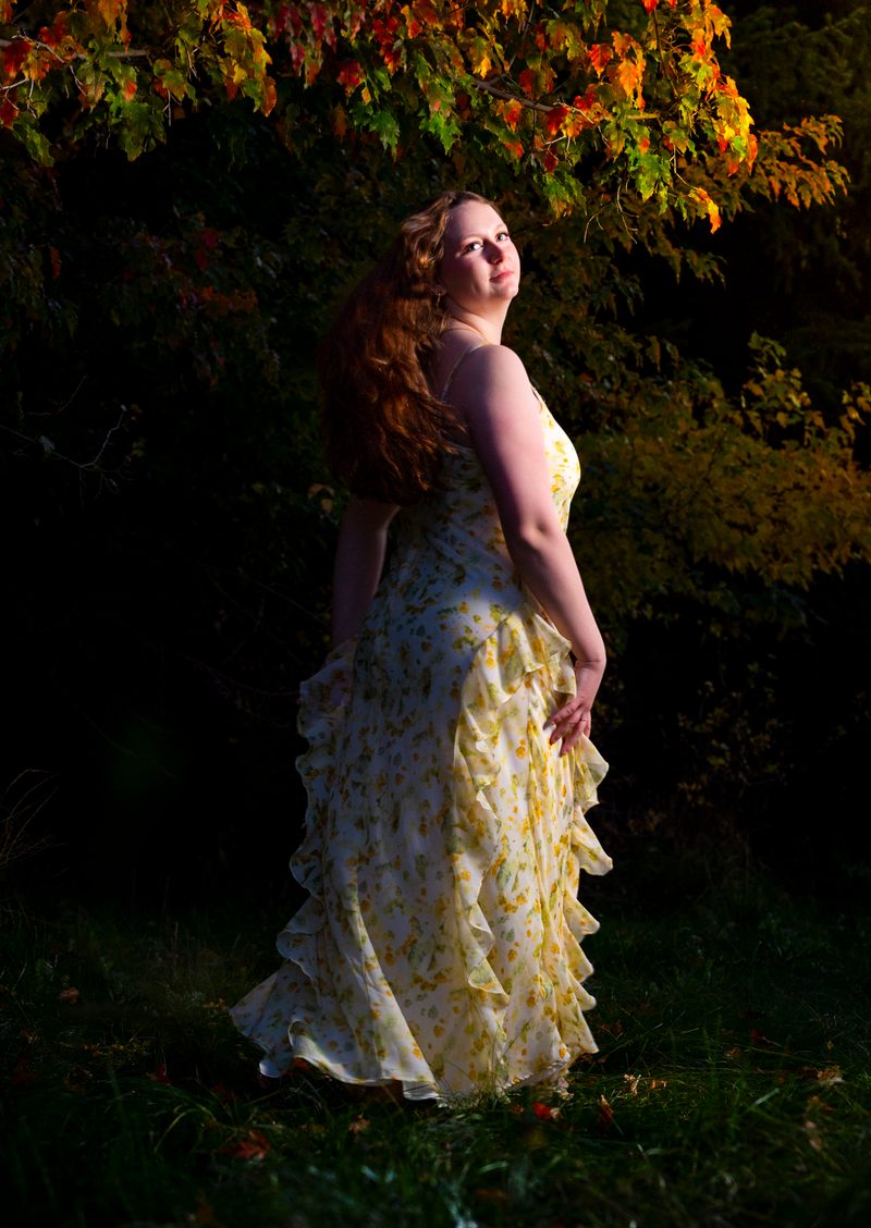 Senior portrait of a young woman in a flowing yellow dress standing among autumn leaves at dusk