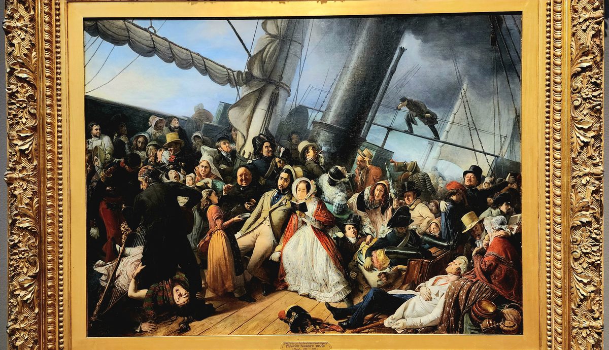 A large framed painting of a dramatic shipwreck scene