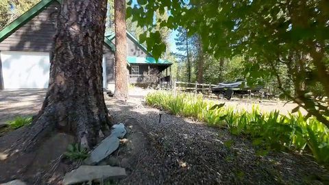 FPV drone flies along a log cabin's porch and through its kitchen and bunk rooms